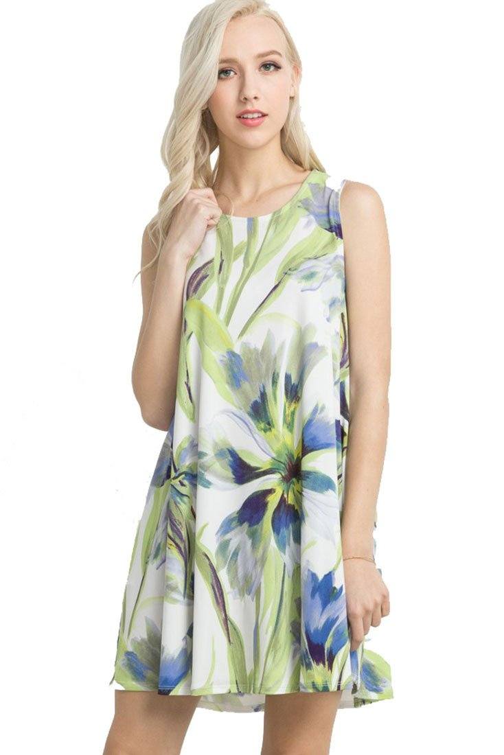 Mitto Shop Knit Sleeveless T-shirt Dress (Ivory Floral) - Tunics f_dresses
