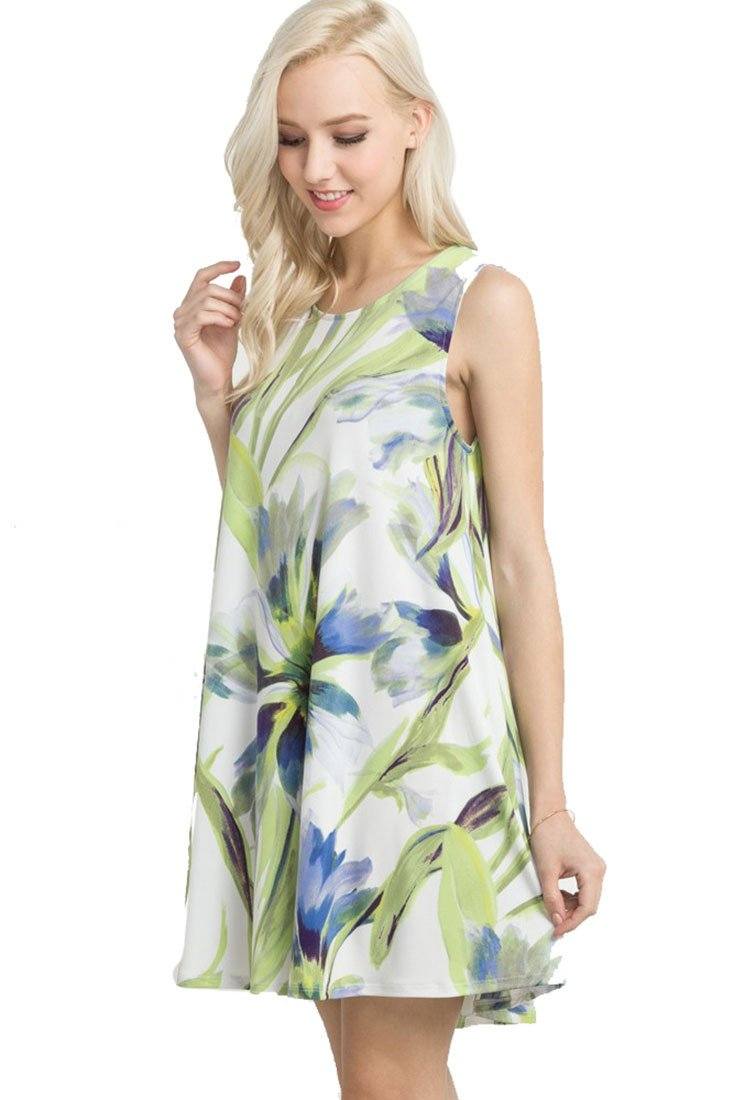 Mitto Shop Knit Sleeveless T-shirt Dress (Ivory Floral) - Tunics f_dresses