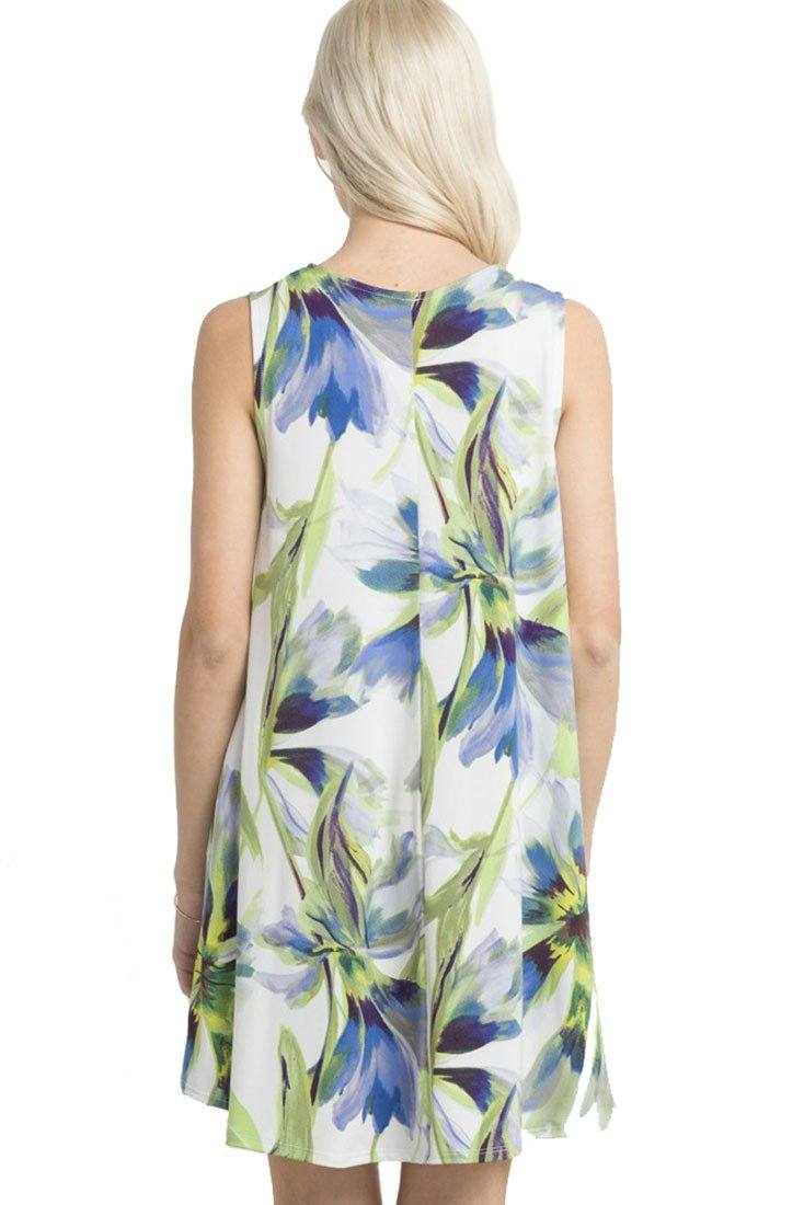 Mitto Shop Knit Sleeveless T-shirt Dress (Ivory Floral) - Tunics f_dresses