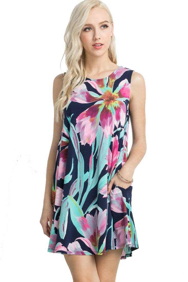 Mitto Shop Knit Sleeveless T-shirt Dress (Fluorescent Navy) - Tunics f_dresses