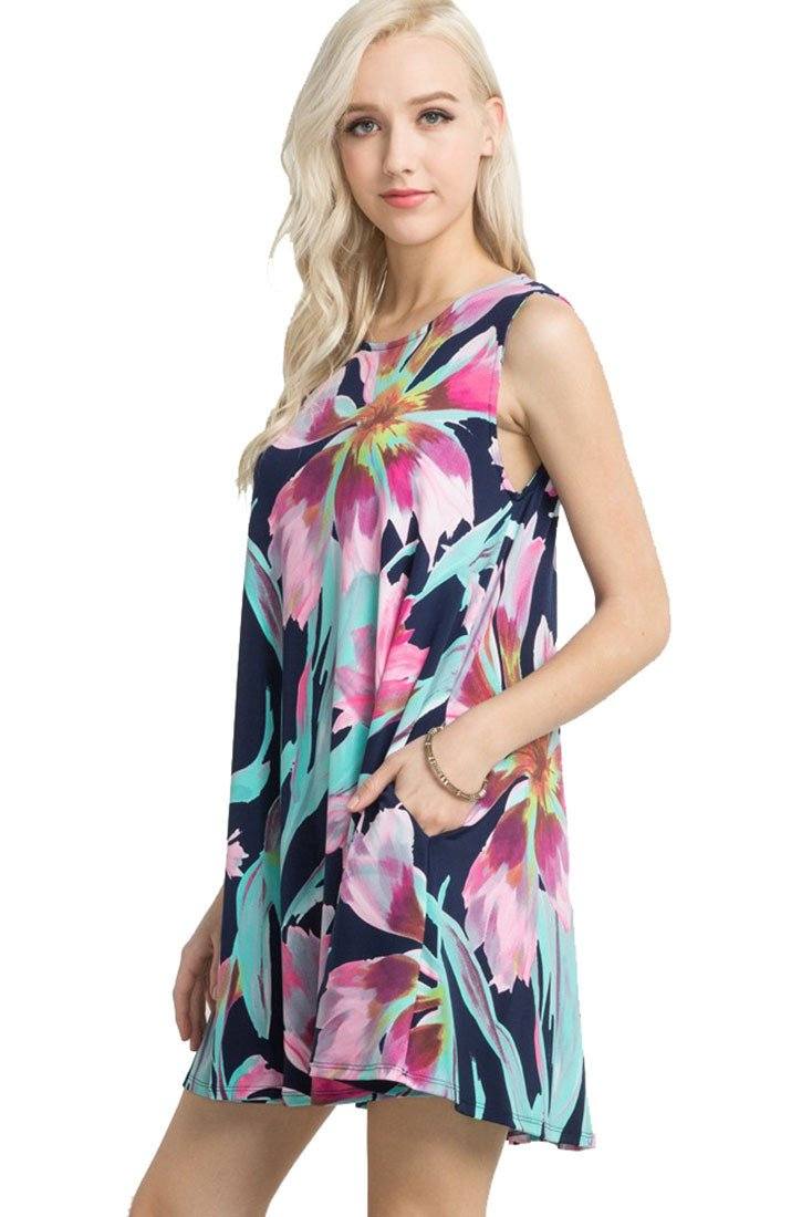 Mitto Shop Knit Sleeveless T-shirt Dress (Fluorescent Navy) - Tunics f_dresses
