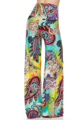 Niobe Clothing High Waist Fold Over Wide Leg Gaucho Palazzo Pants (Turquoise Multi Paisley) - pants