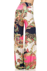 Niobe Clothing High Waist Fold Over Wide Leg Gaucho Palazzo Pants (Pink Paisley) - pants