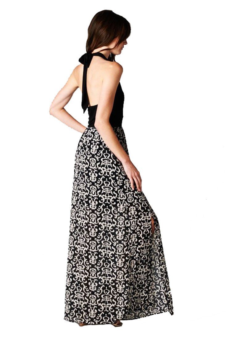 Niobe Clothing Halter Top Baroque Damask Print Black White Maxi Dress w/ Side Slit - Dresses f_dresses