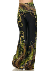 Niobe Clothing High Waist Fold Over Wide Leg Gaucho Palazzo Pants (Emerald Floral) - pants