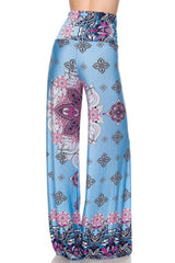 Niobe Clothing High Waist Fold Over Wide Leg Gaucho Palazzo Pants (Bluewater Symmetry) - pants