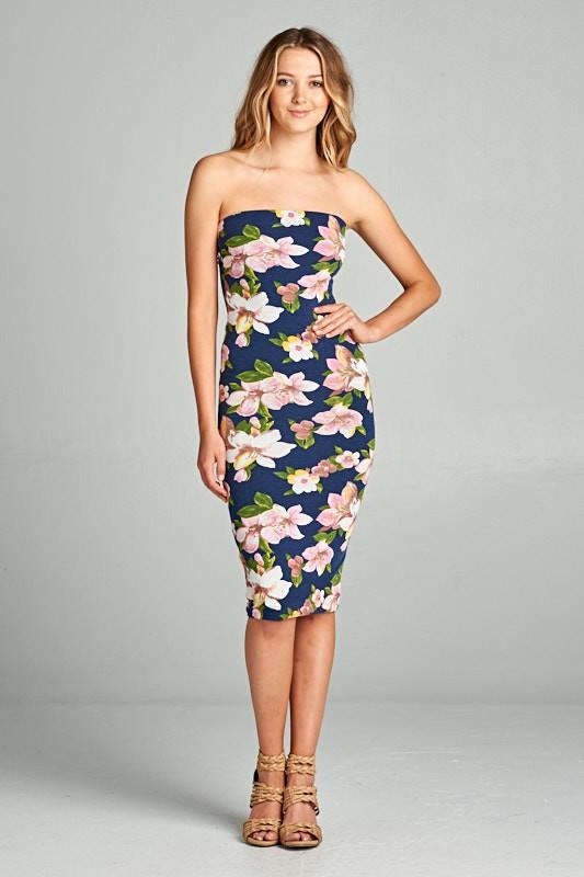 DNA Navy/Pink Balloon Flower Print Strapless Bodycon Mini Tube Dress - Dresses f_dresses