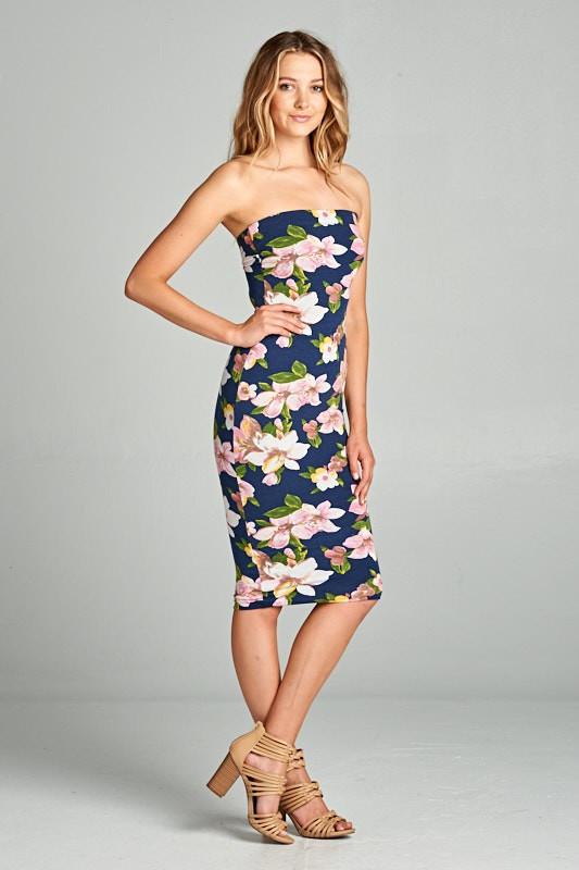 DNA Navy/Pink Balloon Flower Print Strapless Bodycon Mini Tube Dress - Dresses f_dresses