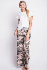 12Pm Mon Ami Green Army Flowered Casual Lounge Pants - pants
