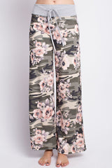 12Pm Mon Ami Green Army Flowered Casual Lounge Pants - pants