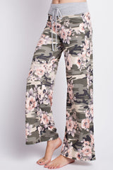 12Pm Mon Ami Green Army Flowered Casual Lounge Pants - pants