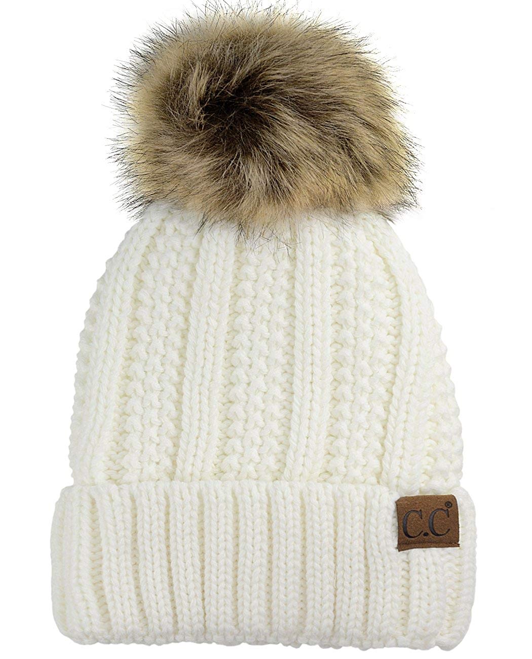 Faux-Fur Pom Fleece-Lined Knit Beanie