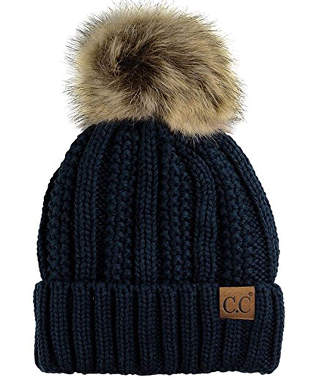 Faux-Fur Pom Fleece-Lined Knit Beanie