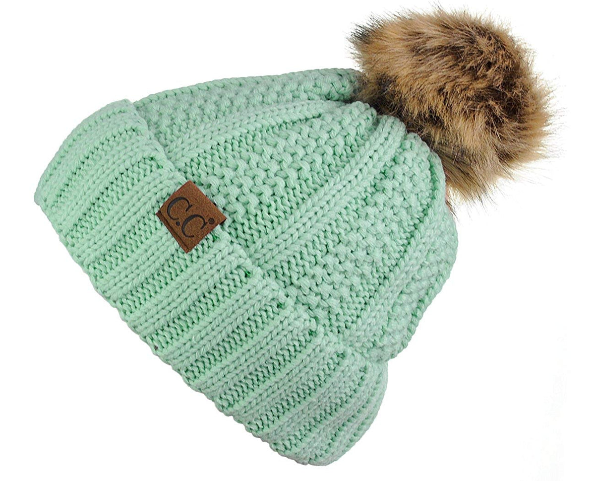 Faux-Fur Pom Fleece-Lined Knit Beanie