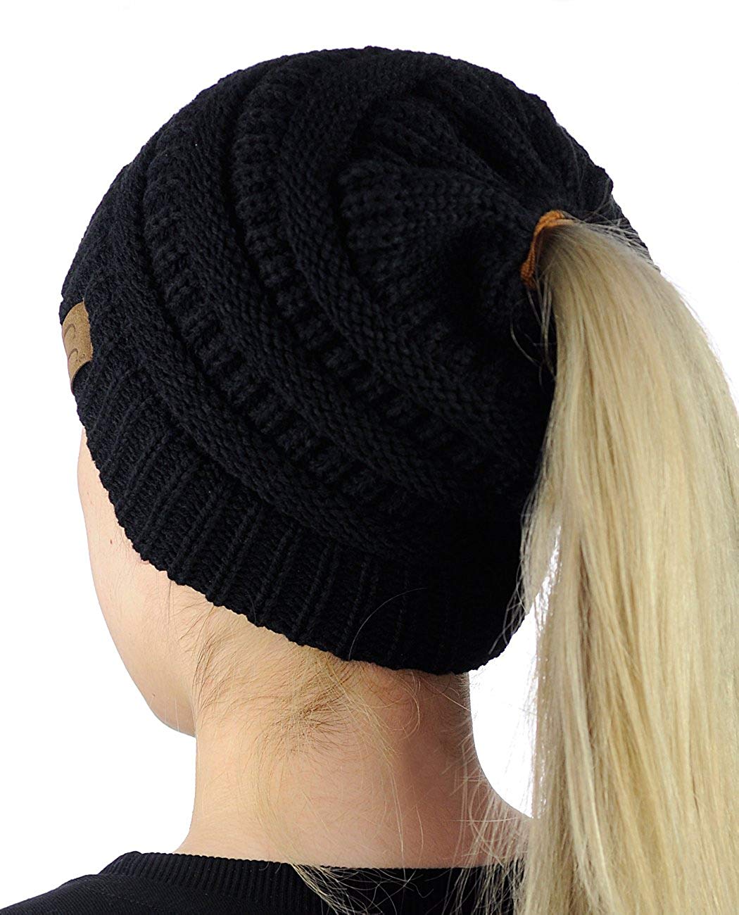 Solid Knit Messy Bun Ponytail Beanie