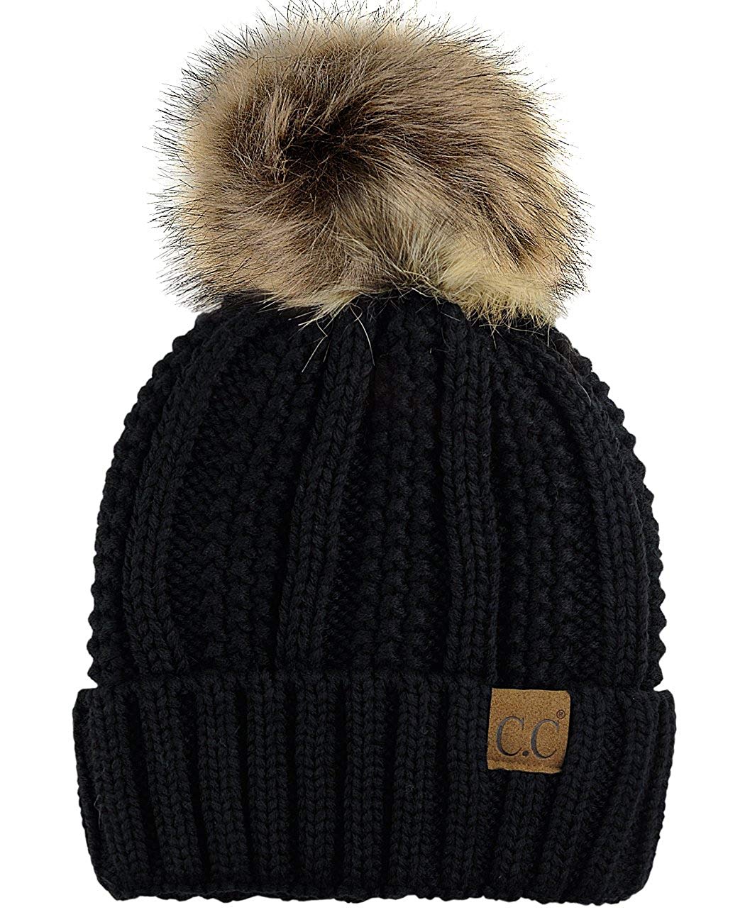 Faux-Fur Pom Fleece-Lined Knit Beanie
