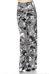 Niobe Clothing High Waist Fold Over Wide Leg Palazzo Pants (Black White Floral Stripes) - pants