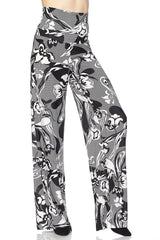Niobe Clothing High Waist Fold Over Wide Leg Palazzo Pants (Black White Floral Stripes) - pants