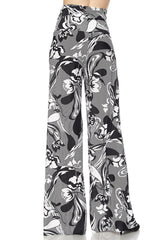 Niobe Clothing High Waist Fold Over Wide Leg Palazzo Pants (Black White Floral Stripes) - pants