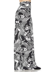 Niobe Clothing High Waist Fold Over Wide Leg Palazzo Pants (Black White Floral Stripes) - pants