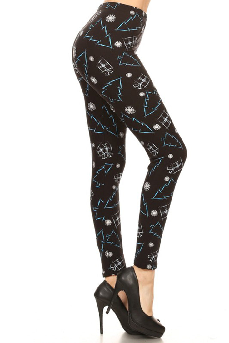 Black Blue Gift Tree Design Leggings leggings- Niobe Clothing