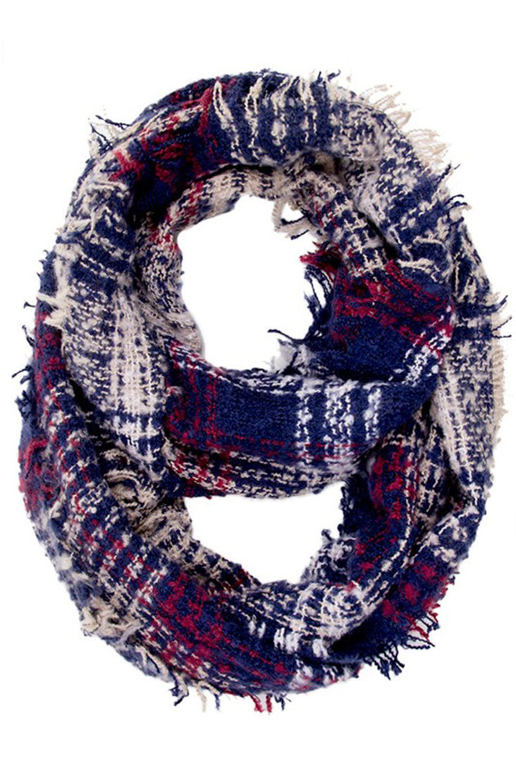 Niobe Clothing Navy Plaid Fray Infinity Loop Scarf - Scarves