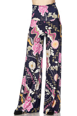 Niobe Clothing High Waist Fold Over Wide Leg Palazzo Pants (Pink Navy Carnation) - pants