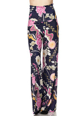 Niobe Clothing High Waist Fold Over Wide Leg Palazzo Pants (Pink Navy Carnation) - pants