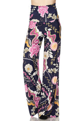 Niobe Clothing High Waist Fold Over Wide Leg Palazzo Pants (Pink Navy Carnation) - pants