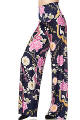Niobe Clothing High Waist Fold Over Wide Leg Palazzo Pants (Pink Navy Carnation) - pants