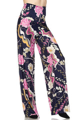 Niobe Clothing High Waist Fold Over Wide Leg Palazzo Pants (Pink Navy Carnation) - pants