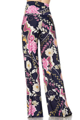 Niobe Clothing High Waist Fold Over Wide Leg Palazzo Pants (Pink Navy Carnation) - pants