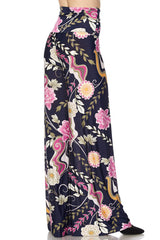 Niobe Clothing High Waist Fold Over Wide Leg Palazzo Pants (Pink Navy Carnation) - pants