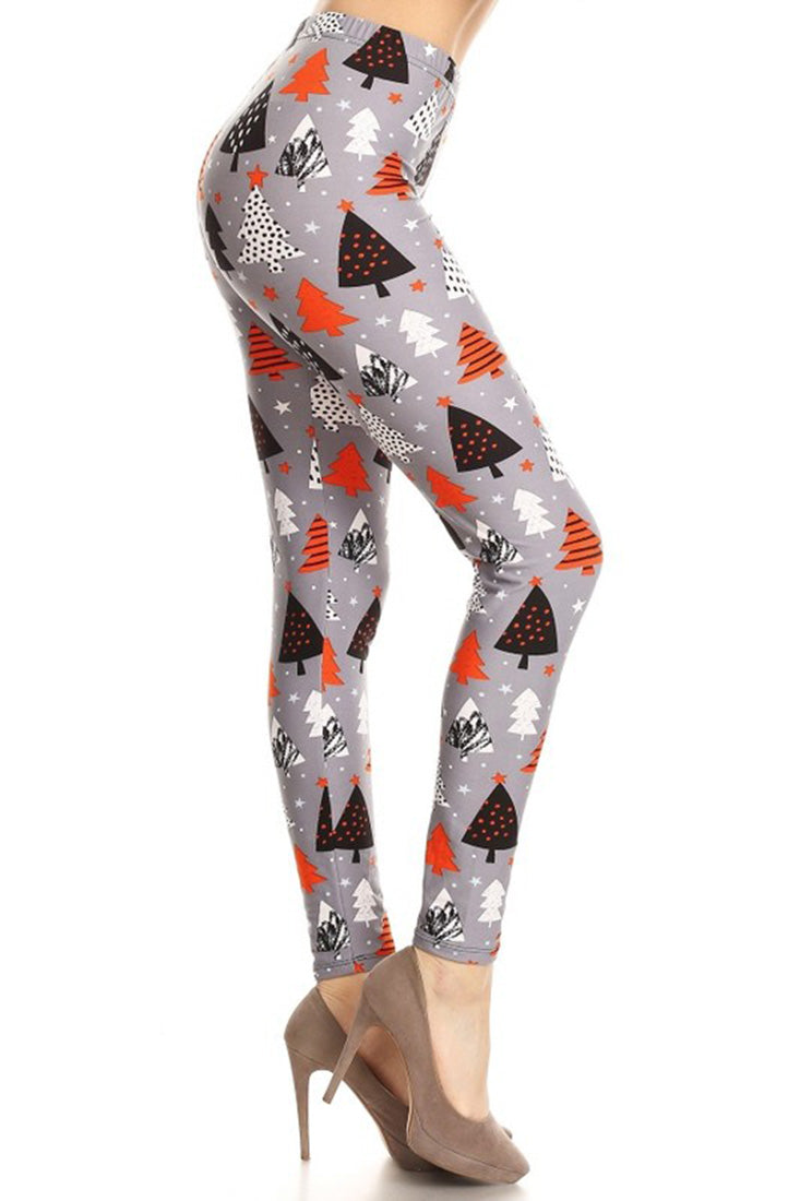 Grey Christmas Tree Design Leggings leggings- Niobe Clothing