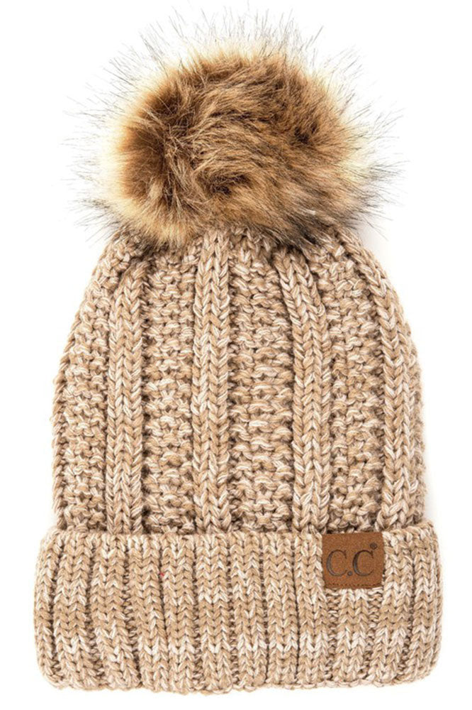 Faux-Fur Pom Fleece-Lined Knit Beanie