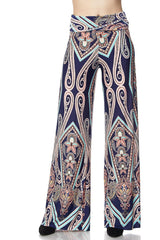 Niobe Clothing High Waist Fold Over Wide Leg Palazzo Pants (Navy Mosaic) - pants