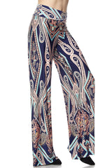 Niobe Clothing High Waist Fold Over Wide Leg Palazzo Pants (Navy Mosaic) - pants