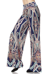 Niobe Clothing High Waist Fold Over Wide Leg Palazzo Pants (Navy Mosaic) - pants