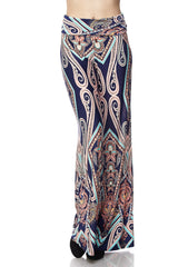 Niobe Clothing High Waist Fold Over Wide Leg Palazzo Pants (Navy Mosaic) - pants