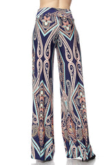 Niobe Clothing High Waist Fold Over Wide Leg Palazzo Pants (Navy Mosaic) - pants