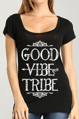 Good Vibe Tribe Scoop Neck Shirt in Black Tops- Niobe Clothing