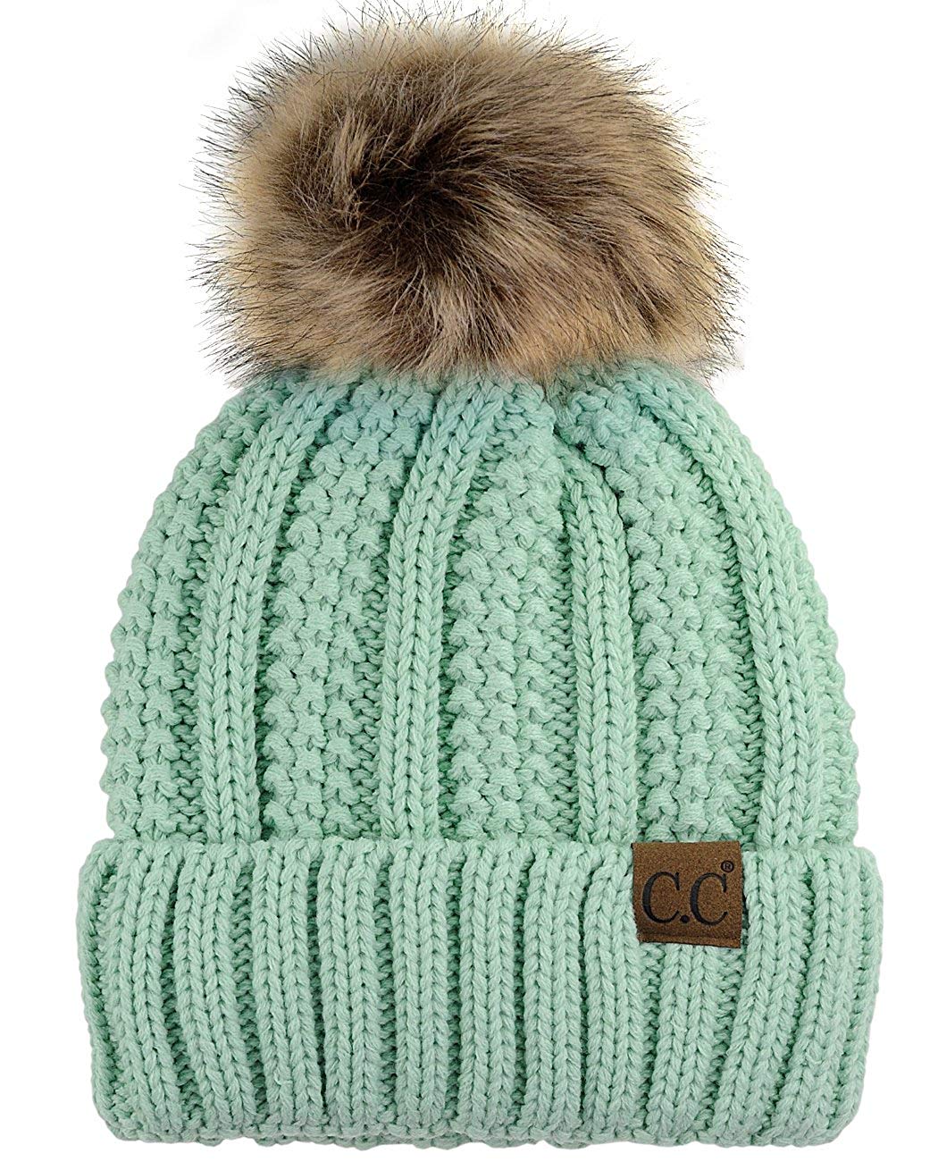 Faux-Fur Pom Fleece-Lined Knit Beanie