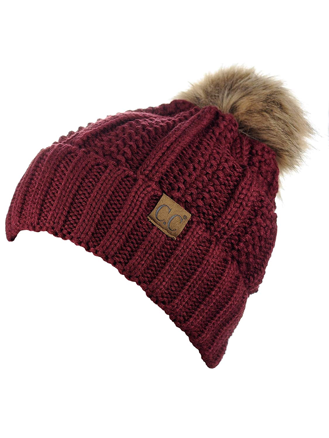 Faux-Fur Pom Fleece-Lined Knit Beanie