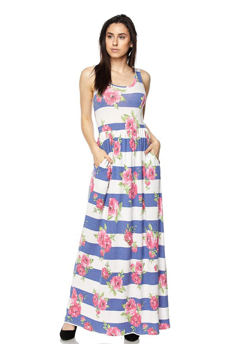 Niobe Clothing Blue Stripe Floral Maxi Dress - Dresses f_dresses