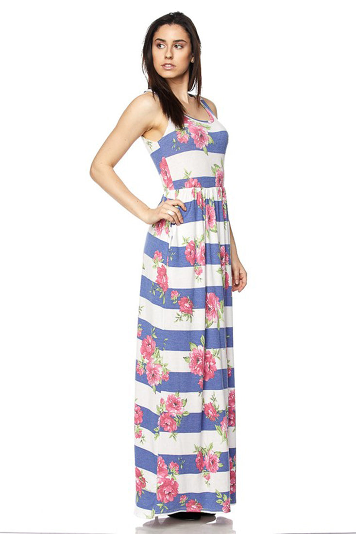 Niobe Clothing Blue Stripe Floral Maxi Dress - Dresses f_dresses