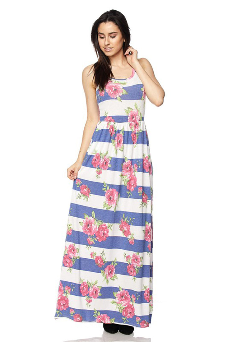 Niobe Clothing Blue Stripe Floral Maxi Dress - Dresses f_dresses