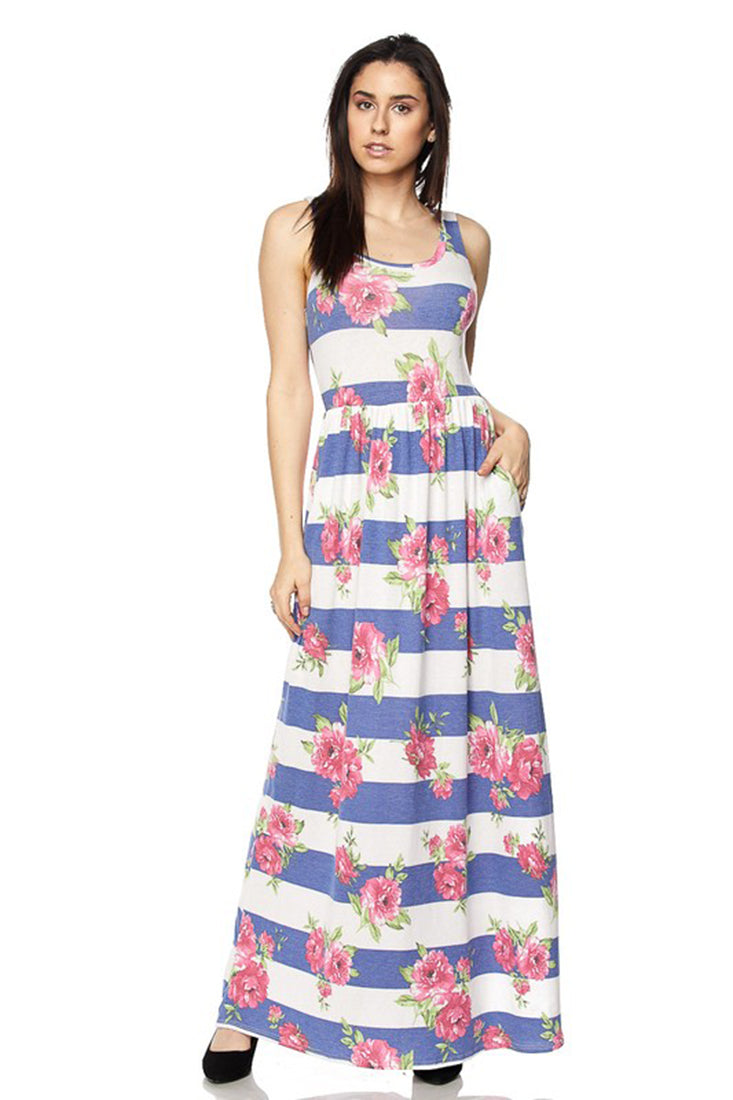 Niobe Clothing Blue Stripe Floral Maxi Dress - Dresses f_dresses