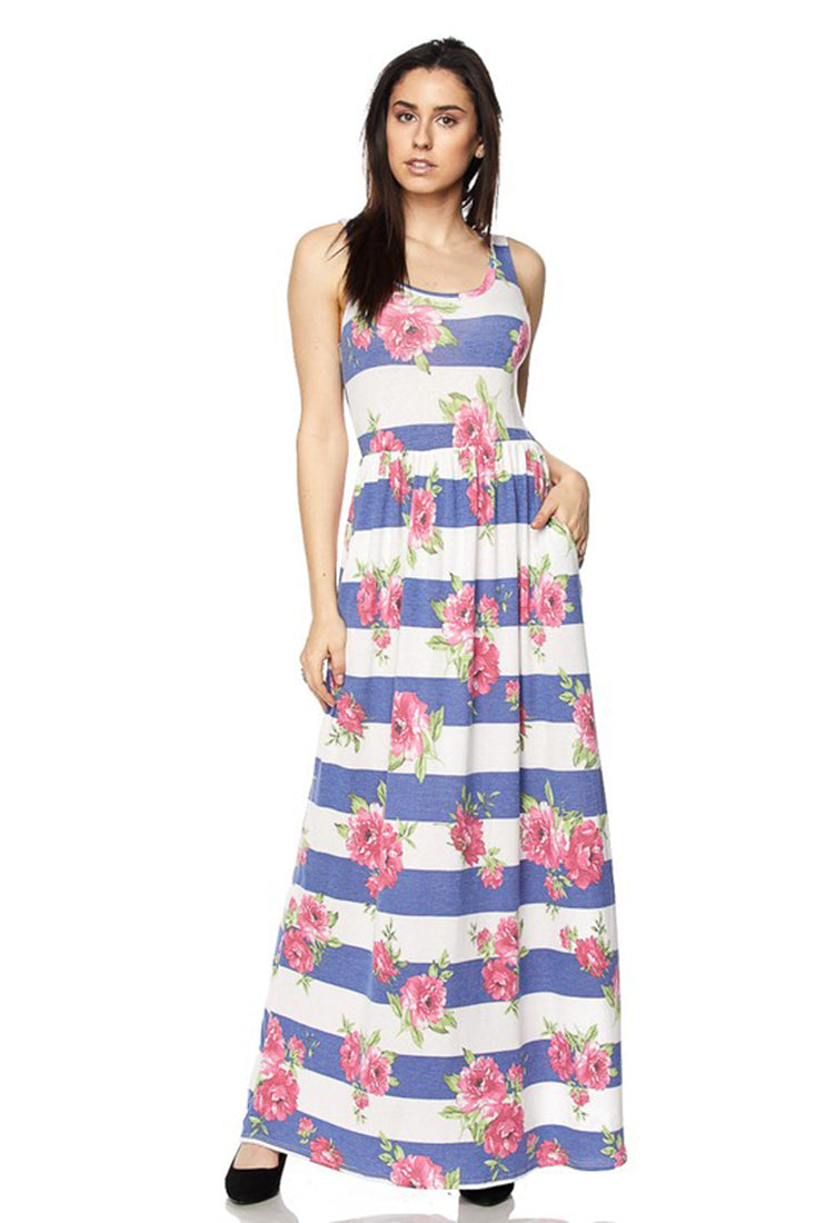 Blue Stripe Floral Maxi Dress dress- Niobe Clothing