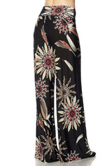 Niobe Clothing High Waist Fold Over Wide Leg Palazzo Pants (Black Feathers) - pants
