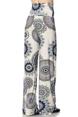 Niobe Clothing High Waist Fold Over Wide Leg Palazzo Pants (Cream Geo) - pants